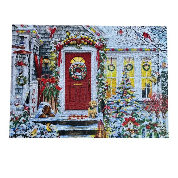 Vermont 1000 Piece Puzzle Winter Welcome Holiday Christmas Scene Red Door Dog - Picture 2 of 7
